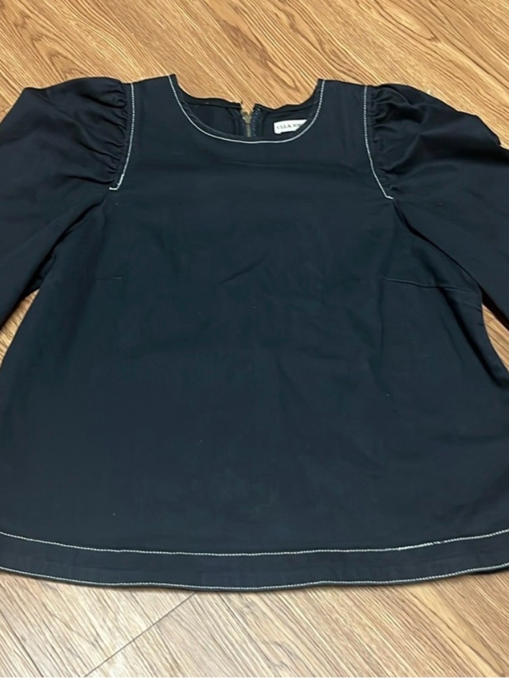 Ulla Johnson Black Puff-Sleeve Blouse with Contrast Stitching